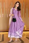 Leela By A_Purple Pure Chanderi Silk Gota Work, Print V Neck Seher Anarkali With Dupatta_Online_at_Aza_Fashions