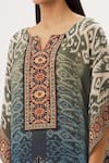 Peenacolada_Green Crepe Swarovski, Celtic Print Round Notched Embellished Kaftan _at_Aza_Fashions