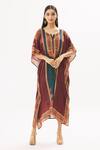 Buy_Peenacolada_Maroon Satin Swarovski, Celtic Print Round Notched Embellished Kaftan _at_Aza_Fashions