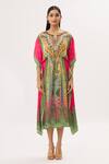 Buy_Peenacolada_Green Satin Swarovski, Celtic Print Round Notched Embellished Kaftan _Online_at_Aza_Fashions