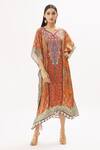 Buy_Peenacolada_Orange Satin Swarovski, Celtic Print Leaf Neck Embellished Kaftan _at_Aza_Fashions