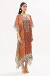 Peenacolada_Orange Satin Swarovski, Celtic Print Leaf Neck Embellished Kaftan _Online_at_Aza_Fashions