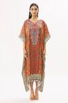 Buy_Peenacolada_Orange Satin Swarovski, Celtic Print Leaf Neck Embellished Kaftan _Online_at_Aza_Fashions