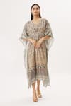 Buy_Peenacolada_Grey Cotton Silk Print Floral V Neck Kaftan _at_Aza_Fashions