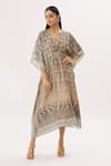 Peenacolada_Grey Cotton Silk Print Floral V Neck Kaftan _Online_at_Aza_Fashions