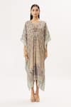 Buy_Peenacolada_Grey Cotton Silk Print Floral V Neck Kaftan _Online_at_Aza_Fashions