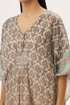 Peenacolada_Grey Cotton Silk Print Floral V Neck Kaftan _at_Aza_Fashions