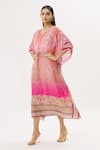 Shop_Peenacolada_Pink Cotton Silk Floral Round Notched Print Kaftan _Online_at_Aza_Fashions
