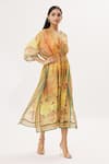 Peenacolada_Yellow Cotton Silk Abstract V Neck Print Kaftan_Online_at_Aza_Fashions