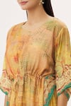 Peenacolada_Yellow Cotton Silk Abstract V Neck Print Kaftan_at_Aza_Fashions