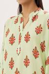 Peenacolada_Green Cotton Silk Floral Mandarin Collar Print Kaftan _at_Aza_Fashions
