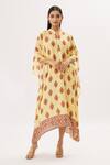 Buy_Peenacolada_Yellow Cotton Silk Floral Mandarin Collar Print Kaftan _at_Aza_Fashions