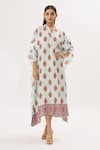 Buy_Peenacolada_Blue Cotton Silk Floral Mandarin Collar Print Kaftan _at_Aza_Fashions