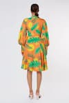 Shop_Leela By A_Orange Tencel Modal Printed Tropical Band Collar Flounce Dress _at_Aza_Fashions