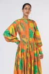 Leela By A_Orange Tencel Modal Printed Tropical Band Collar Flounce Dress _Online_at_Aza_Fashions