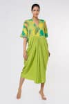 Buy_Leela By A_Green Tencel Modal Twill Tropical Print V Neck Yoke Cowl Draped Dress _at_Aza_Fashions