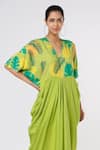 Leela By A_Green Tencel Modal Twill Tropical Print V Neck Yoke Cowl Draped Dress _Online_at_Aza_Fashions