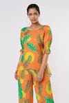 Buy_Leela By A_Orange Tencel Modal Twill Printed Tropical Round Top And Pant Set _Online_at_Aza_Fashions