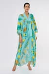 Buy_Leela By A_Blue Printed Tropical V Collar Neck Kimono Jacket And Pant Set _at_Aza_Fashions