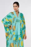 Leela By A_Blue Printed Tropical V Collar Neck Kimono Jacket And Pant Set _Online_at_Aza_Fashions