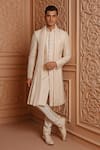 Buy_Vanshik_Cream Churidar Crepe Silk, Dupatta Georgette, Sherwani Raw Embroidered Set _at_Aza_Fashions
