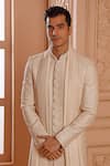Vanshik_Cream Churidar Crepe Silk, Dupatta Georgette, Sherwani Raw Embroidered Set _Online_at_Aza_Fashions
