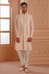 Buy_Vanshik_Peach Churidar Crepe Silk, Dupatta Georgette, Sherwani Raw Embroidered Set _at_Aza_Fashions