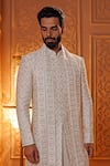 Vanshik_Cream Sherwani Raw Silk Embroidered Floral Set _Online_at_Aza_Fashions