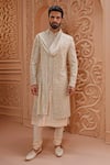 Buy_Vanshik_Blue Sherwani Raw Silk Embroidered Aari Floral Set _at_Aza_Fashions