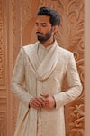 Vanshik_Blue Sherwani Raw Silk Embroidered Aari Floral Set _Online_at_Aza_Fashions