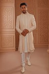 Buy_Vanshik_Cream Sherwani Silk Embroidered Floral Set _at_Aza_Fashions