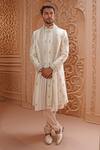 Buy_Vanshik_Cream Churidar Crepe , Dupatta Georgette, Sherwani Raw Work Set _at_Aza_Fashions
