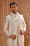 Vanshik_Cream Churidar Crepe , Dupatta Georgette, Sherwani Raw Work Set _Online_at_Aza_Fashions