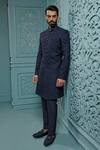 Buy_Vanshik_Blue Sherwani , Trouser Blend Geometric Embroidered Set _at_Aza_Fashions