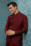 Vanshik_Wine Bundi , Kurta And Trouser Blend Geometric Embroidered & Set _Online_at_Aza_Fashions