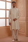 Buy_Vanshik_Cream Sherwani Silk Embroidered Floral Set _at_Aza_Fashions