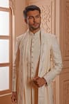 Vanshik_Cream Sherwani Silk Embroidered Floral Set _Online_at_Aza_Fashions