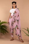 Buy_Pasha India_Pink Polycrepe Stripe Floral Pattern Dhoti Saree_at_Aza_Fashions