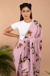Shop_Pasha India_Pink Polycrepe Stripe Floral Pattern Dhoti Saree_at_Aza_Fashions