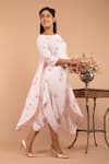 Shop_Pasha India_Pink Polycrepe Floral Boat Neck Printed Dhoti Jumpsuit With Cape _at_Aza_Fashions