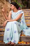 Buy_Pasha India_Blue Polycrepe Floral Forget Me Not Pre-draped Saree With Blouse _Online_at_Aza_Fashions