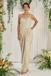 Buy_Nidhika Shekhar_Ivory Silk Embroidery Pearl Sweetheart Neck Goddess Corset Embellished Gown  _at_Aza_Fashions