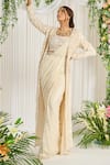 Buy_Nidhika Shekhar_Ivory Foil Georgette Embroidery Pearl Blouse Scoop Subh Bela Cape Saree Set _Online_at_Aza_Fashions