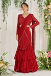 Buy_Nidhika Shekhar_Red Georgette Lining Shantoon Embroidery Pearl V Subh Shree Laal Ruffle Saree _at_Aza_Fashions