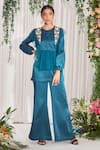 Buy_Nidhika Shekhar_Blue Armani Satin Embroidery Pearl Round Morni Kurta And Pant Set _at_Aza_Fashions