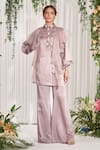 Buy_Nidhika Shekhar_Purple Armani Satin Embroidery Pearl Mandarin Har Tyohar Puff Sleeve Kurta Set _at_Aza_Fashions