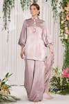 Nidhika Shekhar_Purple Armani Satin Embroidery Pearl Mandarin Har Tyohar Puff Sleeve Kurta Set _Online_at_Aza_Fashions