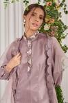 Buy_Nidhika Shekhar_Purple Armani Satin Embroidery Pearl Mandarin Har Tyohar Puff Sleeve Kurta Set _Online_at_Aza_Fashions