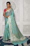 Buy_Nazaakat by Samara Singh_Blue Banarasi Cotton Silk Woven Floral Motif Silver Zari Mina Jaal Work Saree_at_Aza_Fashions