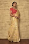 Nazaakat by Samara Singh_Beige Banarasi Cotton Silk Woven Floral Motif Silver Zari Mina Pattern Saree_Online_at_Aza_Fashions
